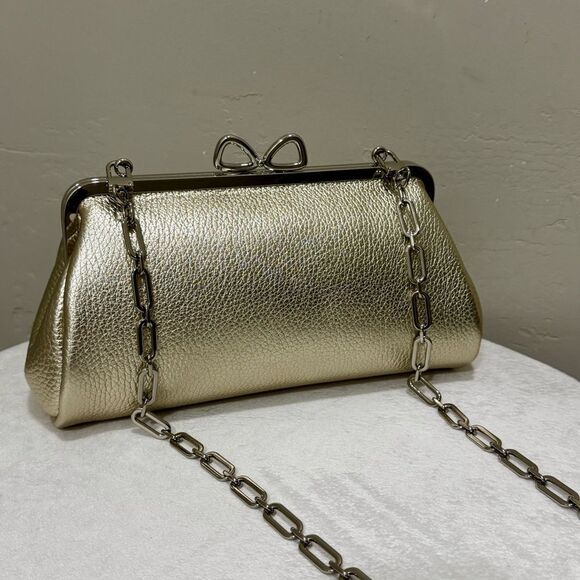 Gold Togo Cowhide Calfskin Handmade “Bow” Shaped Kisslock Baguette Bag/Crossbody